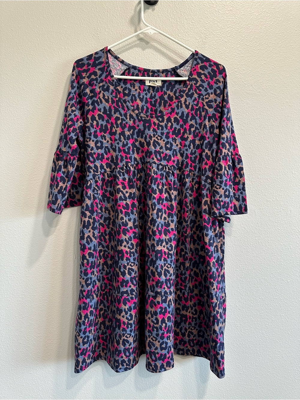 Pact Navy,blue,tan and Fuchsia Leopard Print revive flutter midi dress, small